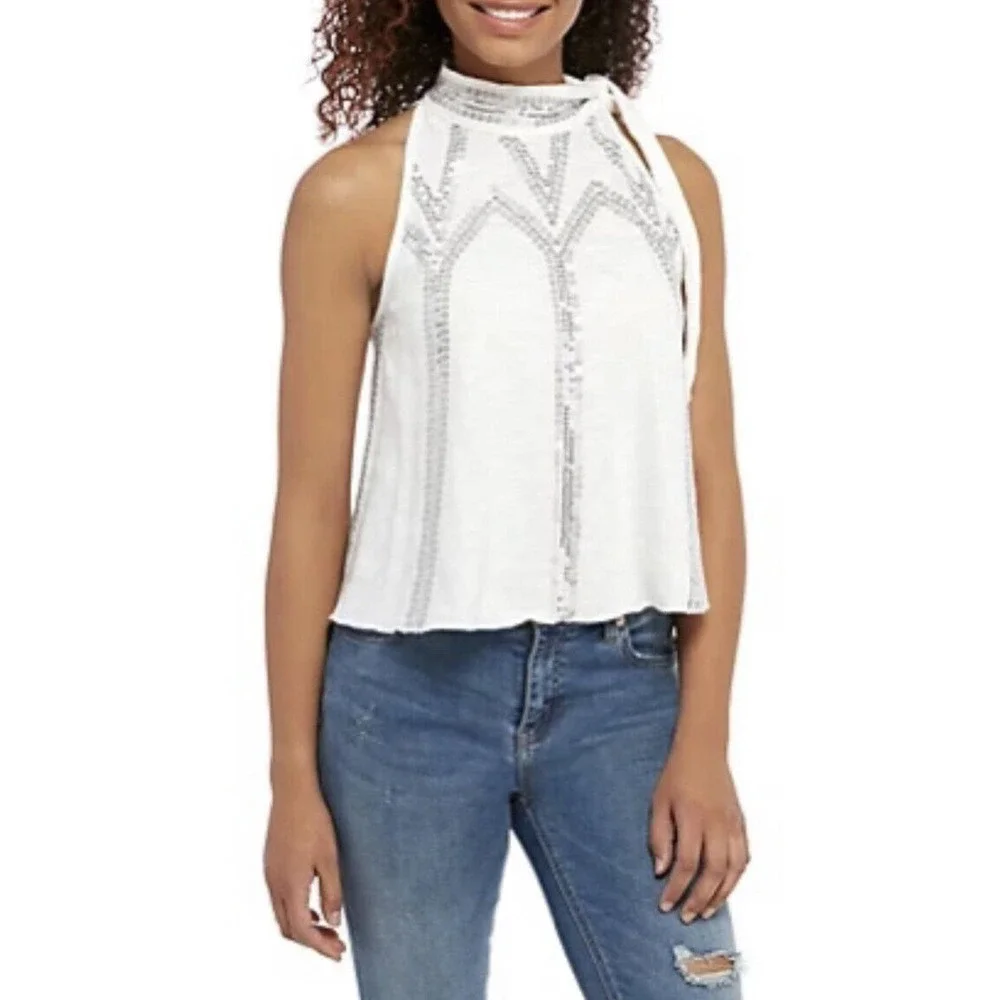 Free People | Glitter City Tank Womens Size XS White Crop Top Neck Tie